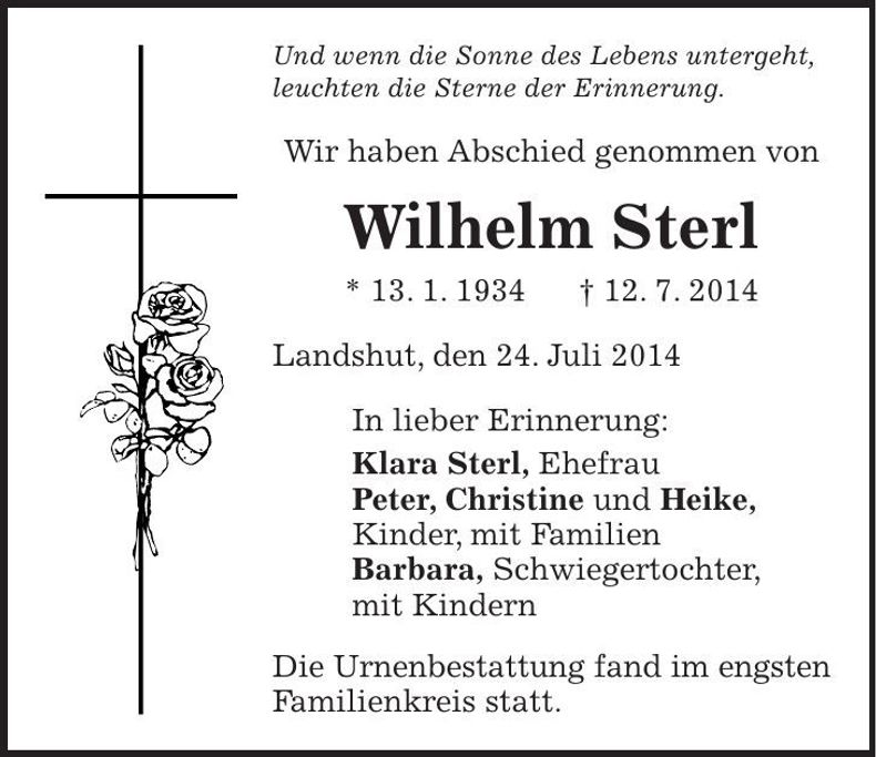 Traueranzeige Wilhelm Sterl
