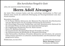 Traueranzeige Adolf Aiwanger