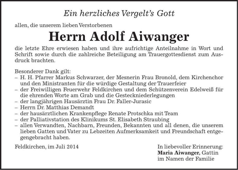 Traueranzeige Adolf Aiwanger