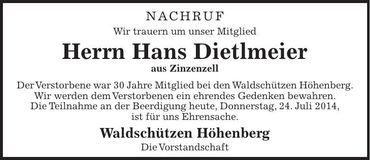 Traueranzeige Hans Dietlmeier