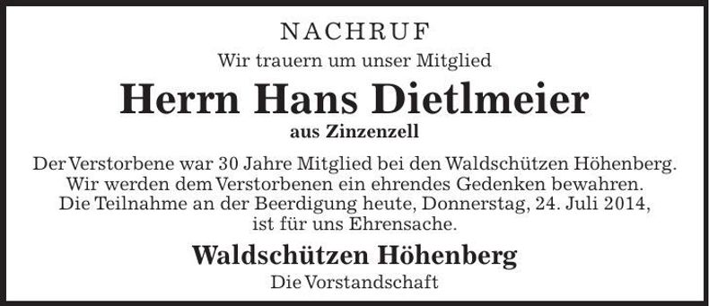 Traueranzeige Hans Dietlmeier