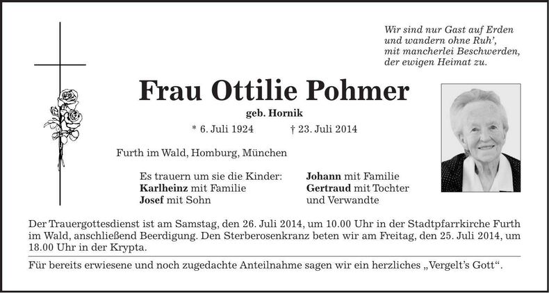 Traueranzeige Ottilie Pohmer