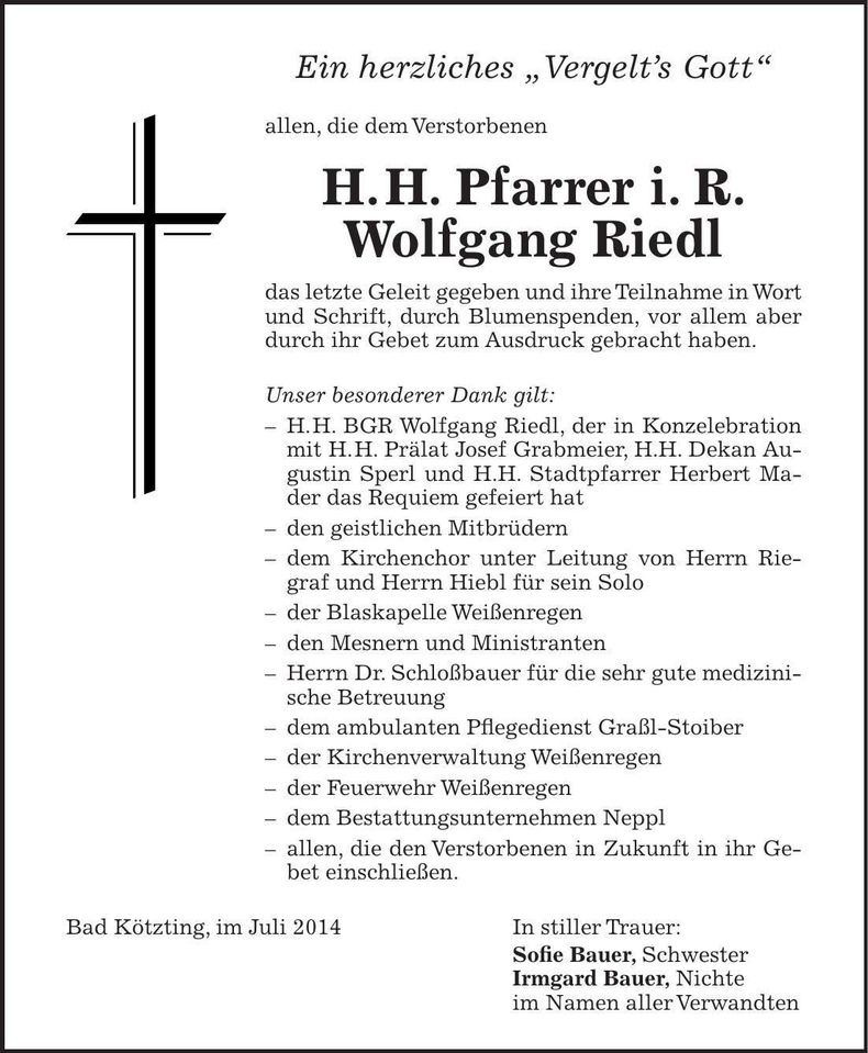 Traueranzeige Wolfgang H.H. Pfarrer Riedl