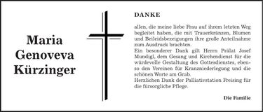 Traueranzeige Kürzinger Maria Genoveva