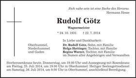 Traueranzeige Rudolf Götz