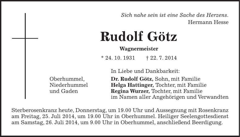 Traueranzeige Rudolf Götz