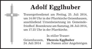 Traueranzeige Adolf Egglhuber