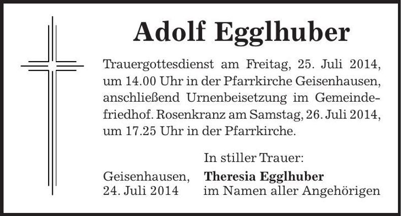 Traueranzeige Adolf Egglhuber