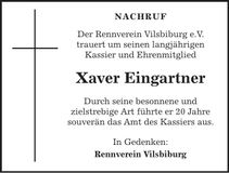 Traueranzeige Xaver Eingartner