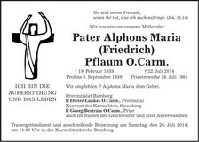 Traueranzeige Alphons Maria Pflaum O.Carm.