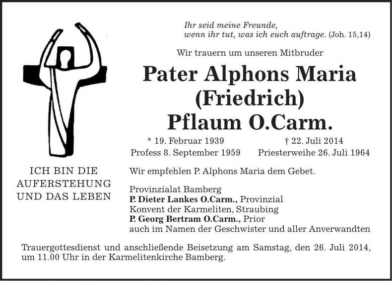 Traueranzeige Alphons Maria Pflaum O.Carm.