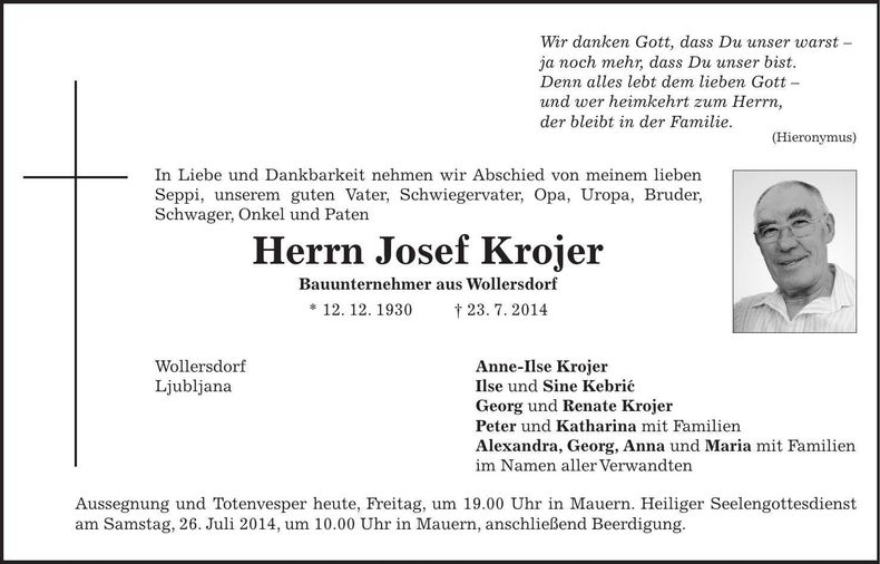 Traueranzeige Krojer Josef