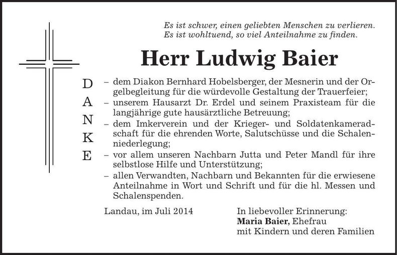 Traueranzeige Ludwig Baier