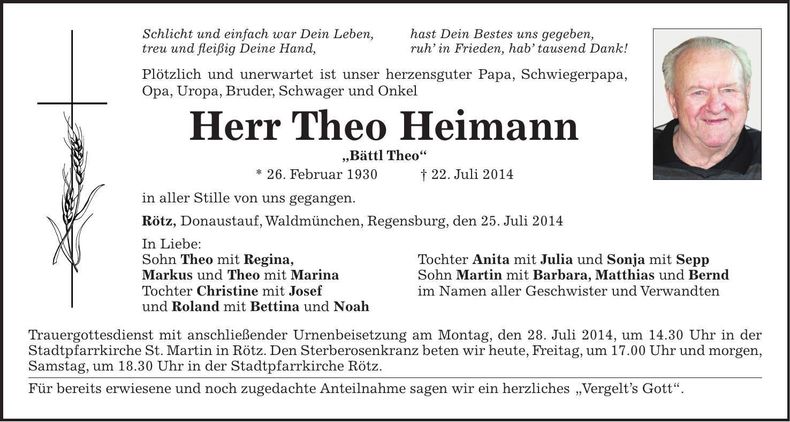 Traueranzeige Theo Heimann