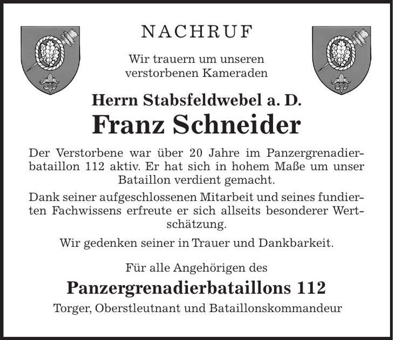 Traueranzeige Franz Schneider