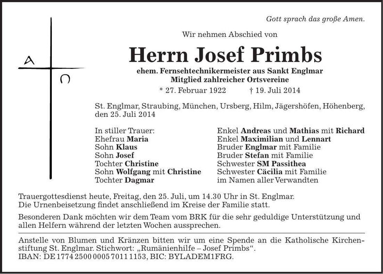 Traueranzeige Josef Primbs
