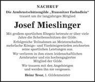 Traueranzeige Josef Mieslinger