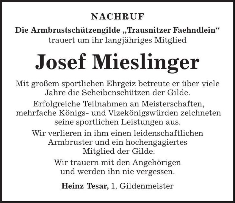 Traueranzeige Josef Mieslinger
