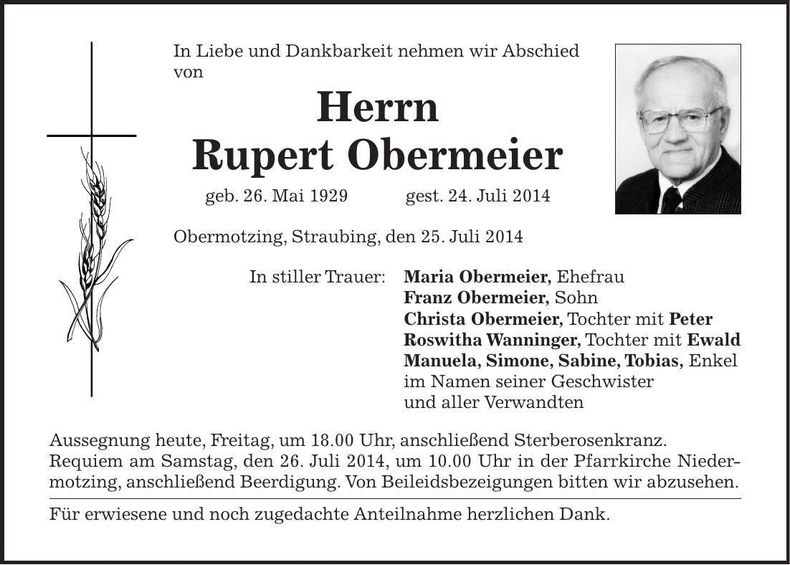 Traueranzeige Rupert Obermeier