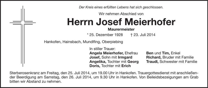 Traueranzeige Josef Meierhofer