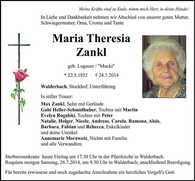 Traueranzeige Maria Zankl