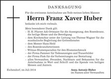 Traueranzeige Franz Xaver Huber