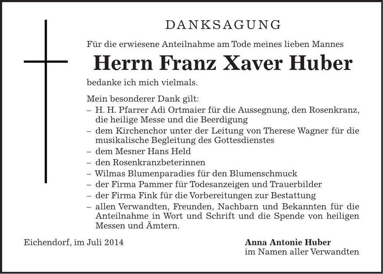 Traueranzeige Franz Xaver Huber