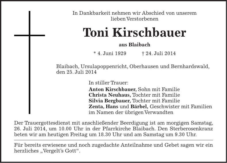 Traueranzeige Toni Kirschbauer