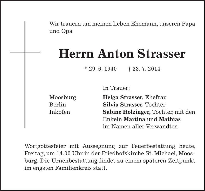 Traueranzeige Anton Strasser