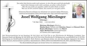 Traueranzeige Josef Wolfgang Mieslinger