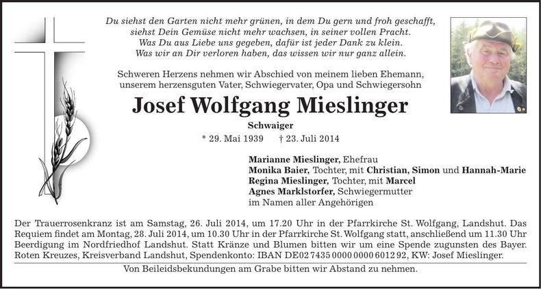 Traueranzeige Josef Wolfgang Mieslinger