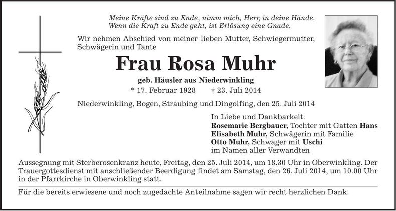 Traueranzeige Rosa Muhr