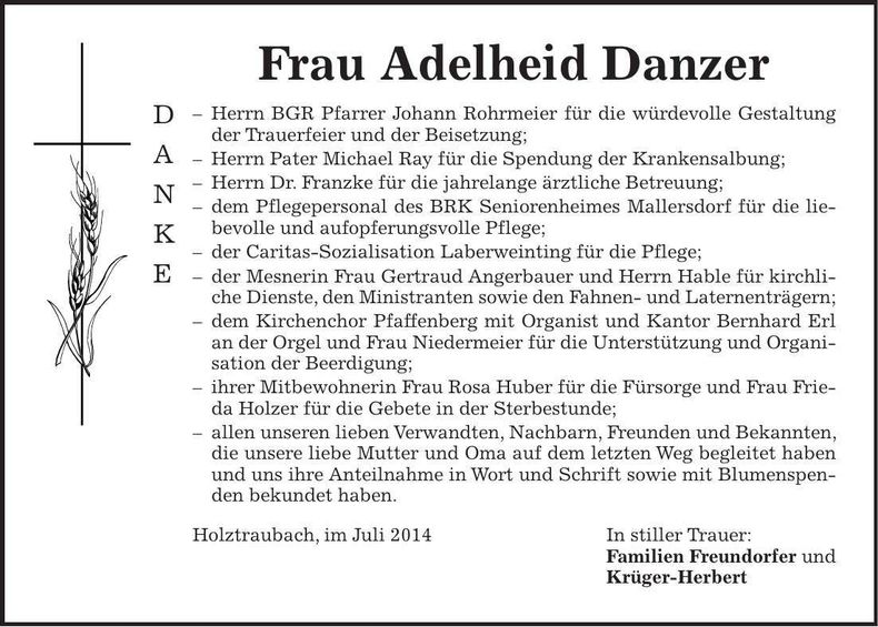 Traueranzeige Adelheid Danzer