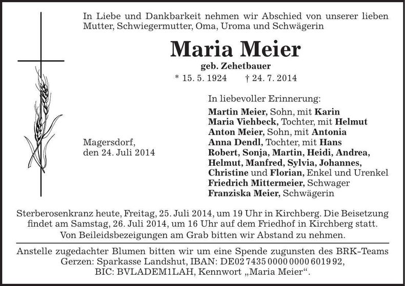 Traueranzeige Maria Meier