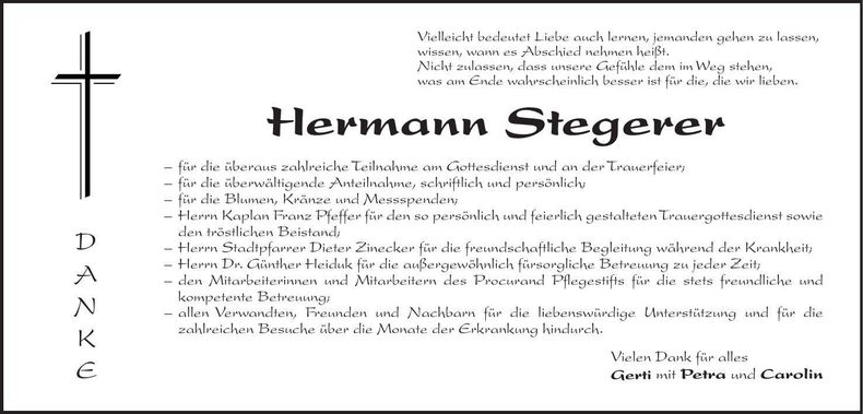 Traueranzeige Hermann Stegerer