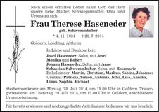Traueranzeige Therese Haseneder
