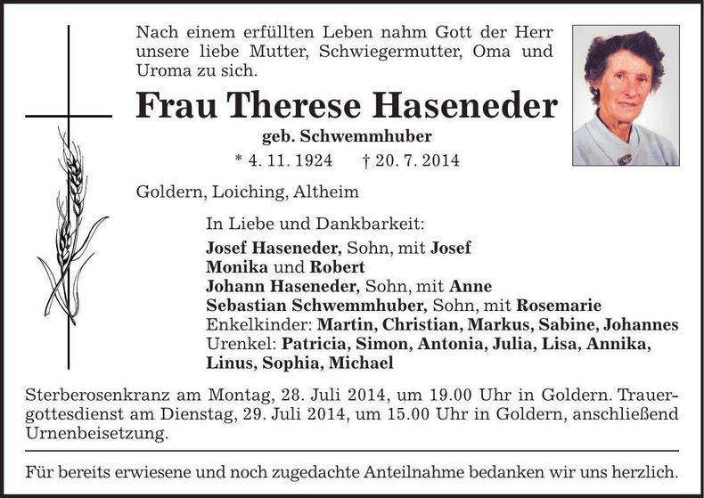 Traueranzeige Therese Haseneder