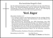 Traueranzeige Veri Jäger