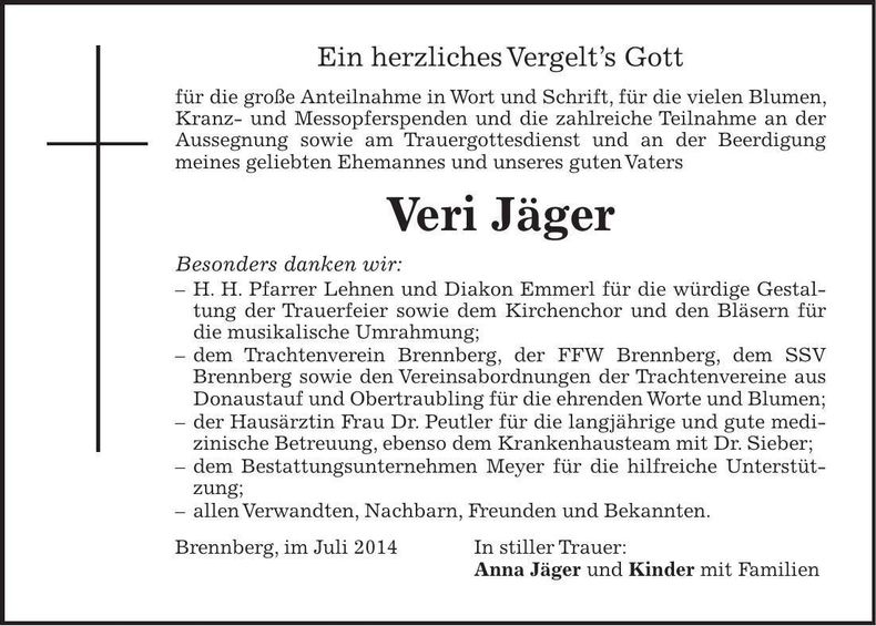 Traueranzeige Veri Jäger