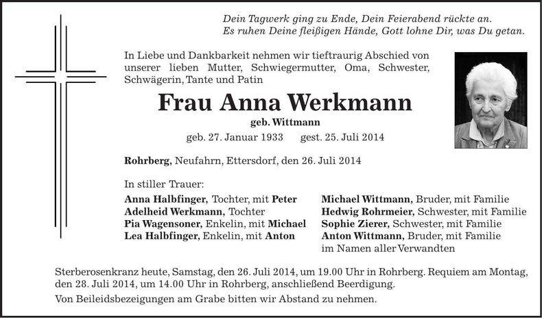 Traueranzeige Anna Werkmann