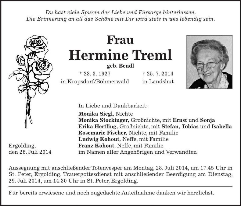 Traueranzeige Hermine Treml