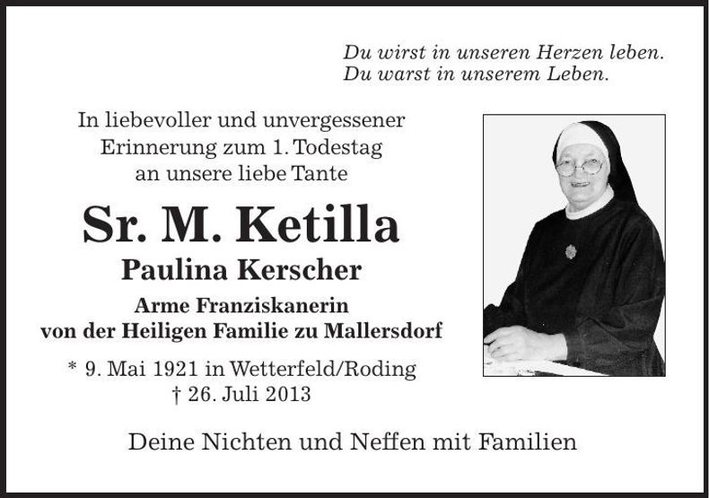 Traueranzeige Arme Franziskanerin v. d. hl. Familie zu Mallersdorf M. Ketilla