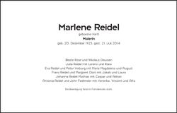 Traueranzeige Marlene Reidel