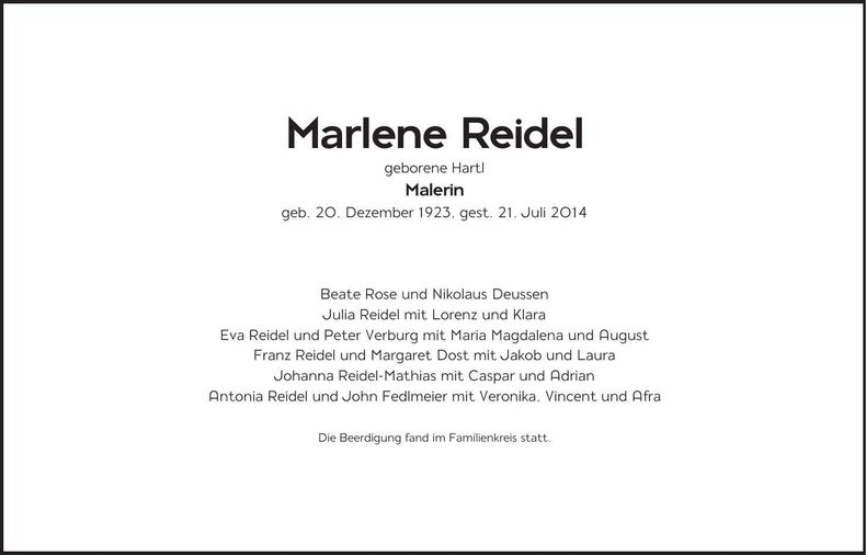 Traueranzeige Marlene Reidel