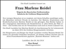 Traueranzeige Marlene Reidel