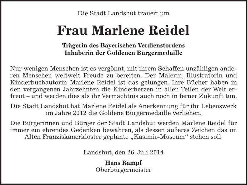 Traueranzeige Marlene Reidel