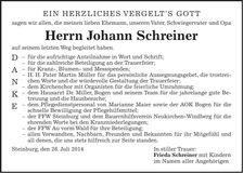 Traueranzeige Johann Schreiner