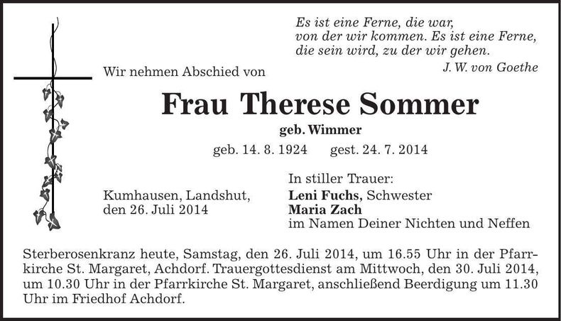 Traueranzeige Therese Sommer