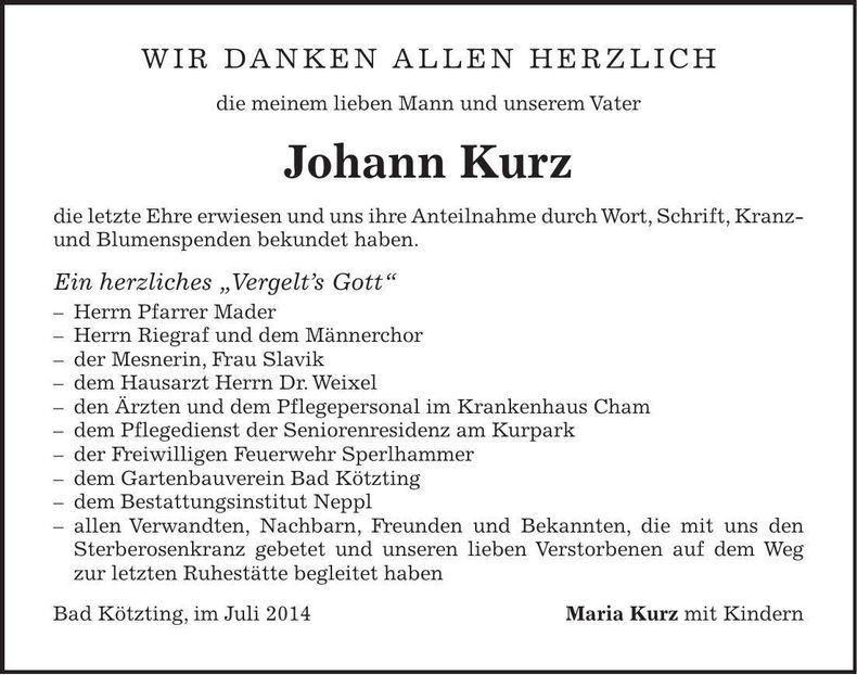 Traueranzeige Johann Kurz