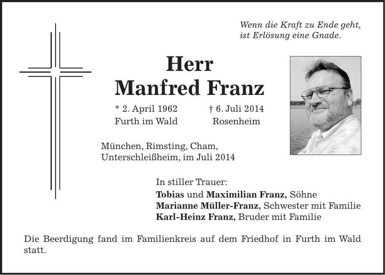 Traueranzeige Manfred Franz